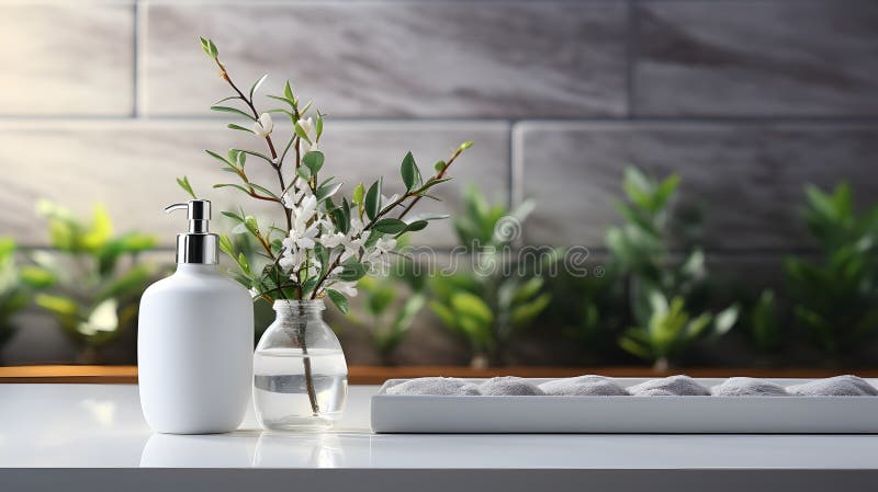 Un paraurti con contenitore vuoto progettato per la visualizzazione di prodotti su uno sfondo di bagno leggermente sfocato illustrazione di stock