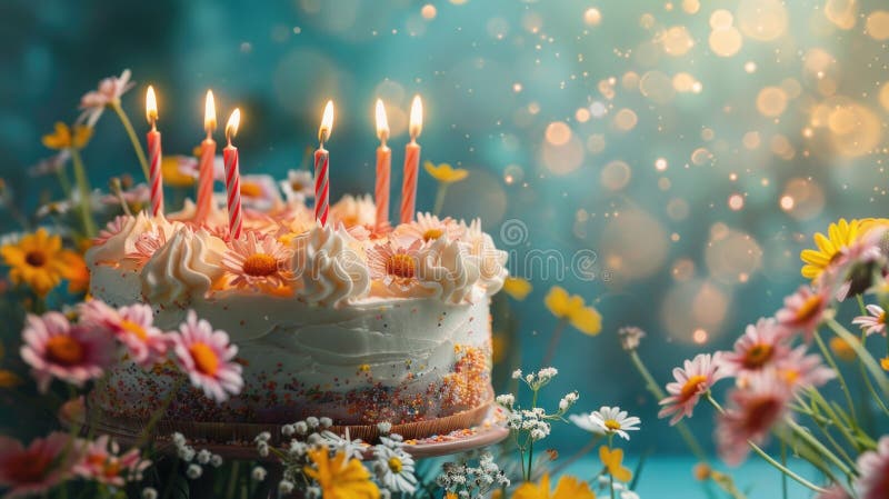 Un pastel de cumpleaños festivo con velas encendidas, perfecto para las celebraciones fotos de archivo