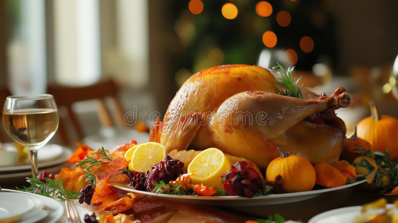 Un pavo bellamente asado con frutas brillantes listo para una fiesta de vacaciones ilustración del vector