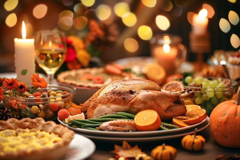 Un pavo bellamente asado rodeado de una decoración de temporada para la cena de gracias libre illustration