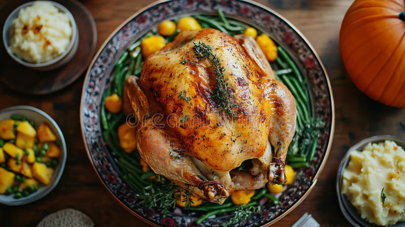 Un pavo con guirnaldas, muy bien asado, servido para una cena de otoño. ilustración del vector