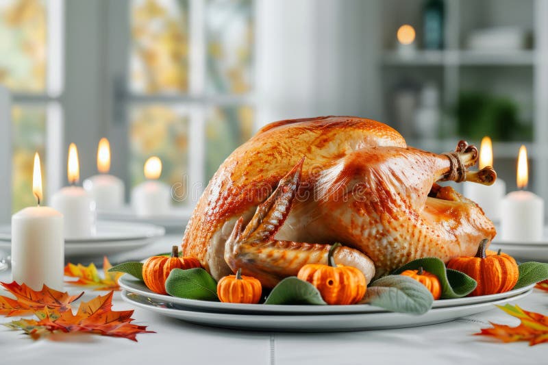 Un pavo de acción de gracias bellamente asado en una mesa de fiesta con calabazas decorativas hojas y velas al fondo stock de ilustración