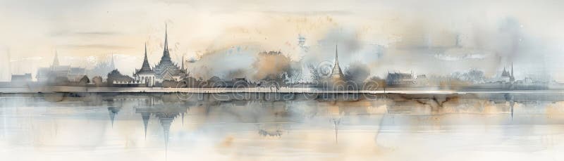 Un paysage d'aquarelle serein reflétant sur les eaux calmes évoquant une atmosphère tranquille avec des tons pastel doux et détail illustration stock