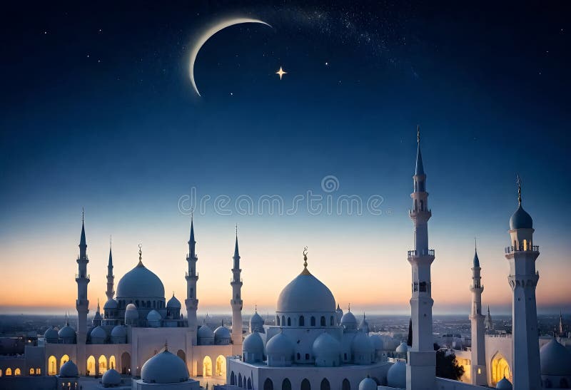 AI generated of a city scape with mosque buildings and crescent moon in the night starry skies. AI generated of a city scape with mosque buildings and crescent moon in the night starry skies