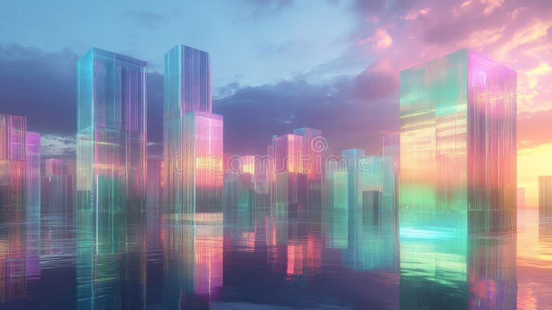 Un paysage holographique reflétant une eau calme au coucher du soleil illustration stock