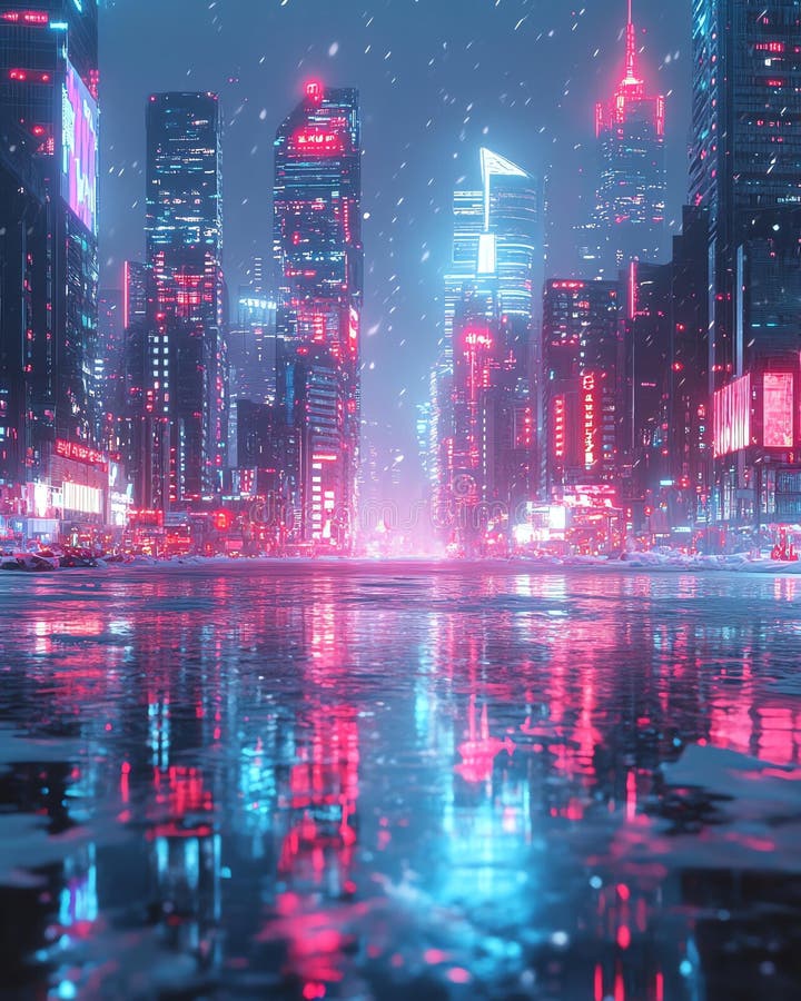 Un paysage lumineux et dynamique qui se réfléchit sur une surface humide pendant une chute de neige illustration libre de droits