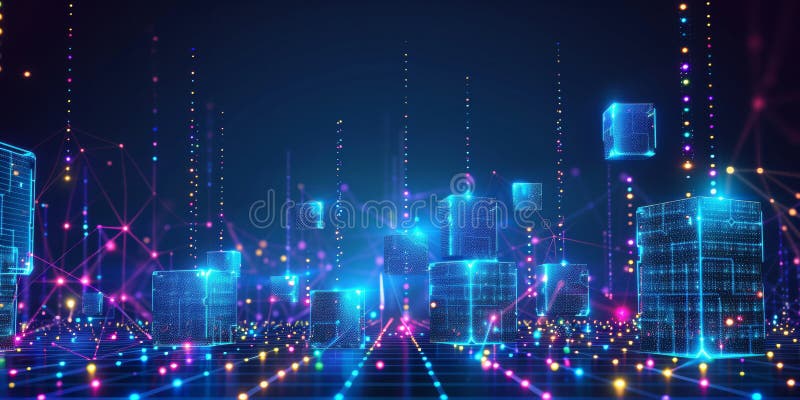A cityscape with many buildings and lights. The buildings are made of cubes and the lights are in the sky. Scene is futuristic and bright AI generated. A cityscape with many buildings and lights. The buildings are made of cubes and the lights are in the sky. Scene is futuristic and bright AI generated