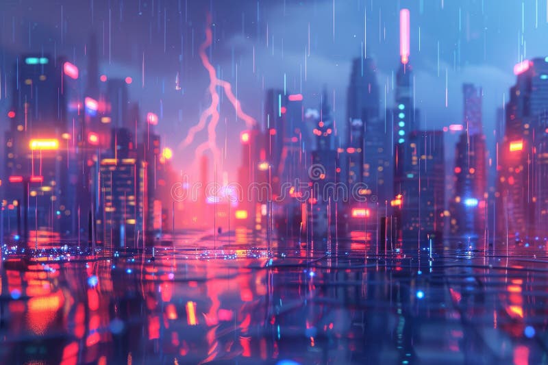 A cityscape with a bright red lightning bolt in the sky. The city is lit up with neon lights, creating a vibrant and energetic atmosphere. The water in the foreground reflects the city lights with Generative AI. A cityscape with a bright red lightning bolt in the sky. The city is lit up with neon lights, creating a vibrant and energetic atmosphere. The water in the foreground reflects the city lights with Generative AI