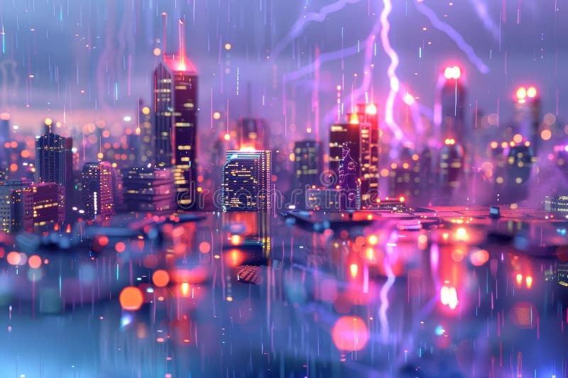 A cityscape with a bright red lightning bolt in the sky. The city is lit up with neon lights, creating a vibrant and energetic atmosphere. The water in the foreground reflects the city lights with Generative AI. A cityscape with a bright red lightning bolt in the sky. The city is lit up with neon lights, creating a vibrant and energetic atmosphere. The water in the foreground reflects the city lights with Generative AI