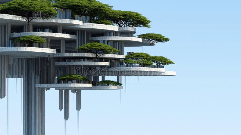 Un paysage urbain futuriste avec des arbres flottants et des bâtiments blancs. image libre de droits