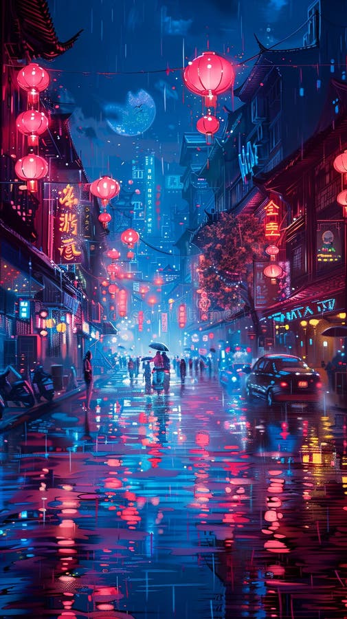 A cityscape at night comes to life in neon colours in a rain. Vertically oriented. A cityscape at night comes to life in neon colours in a rain. Vertically oriented.