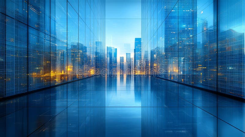 Un paysage urbain moderne reflétant des lumières vives à travers des structures en verre illustration stock