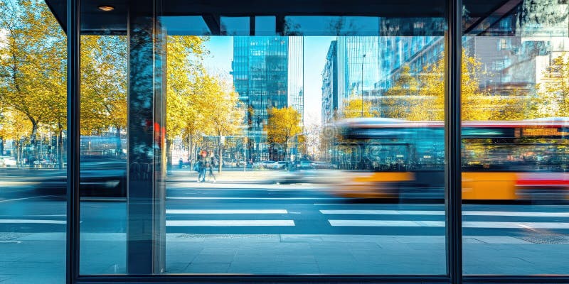 Un paysage urbain reflétant les couleurs de l'automne avec un mouvement de bus flou et piétons traversant.