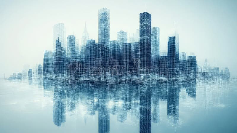 Un paysage urbain serein reflétant de beaux gratte-ciel dans les eaux calmes illustration stock