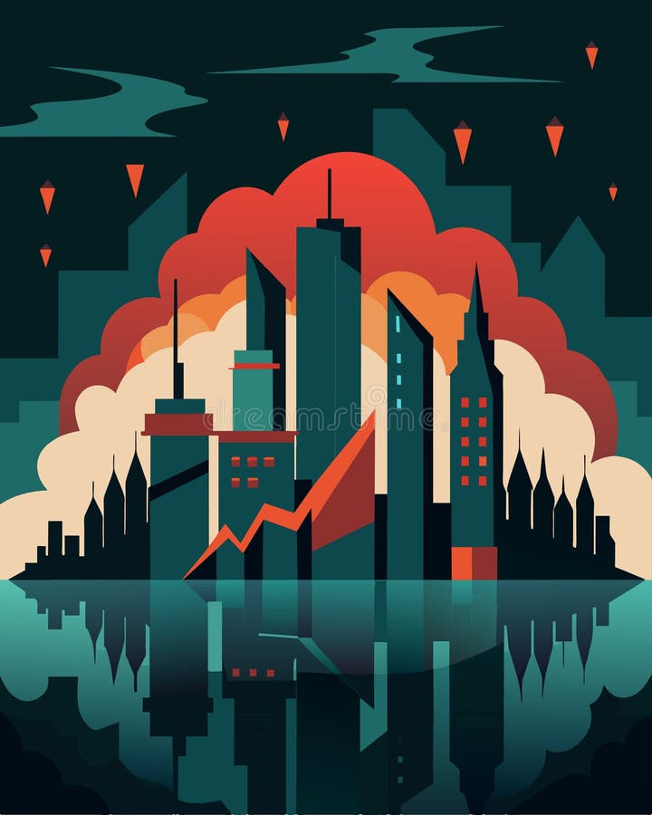 Un paysage urbain sombre et morose qui reflète l'humeur d'une population profondément affectée par le crash de la bourse illustration de vecteur