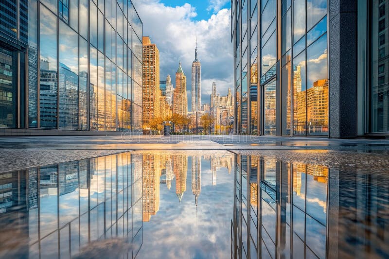 Un paysage urbain époustouflant qui reflète les gratte-ciel et l'Empire State Building dans une flaque illustration libre de droits
