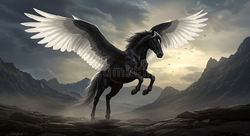 Un Pegasus negru maiestuos cu aripi albe puternice plutește cu grație într-un... royalty free illustration