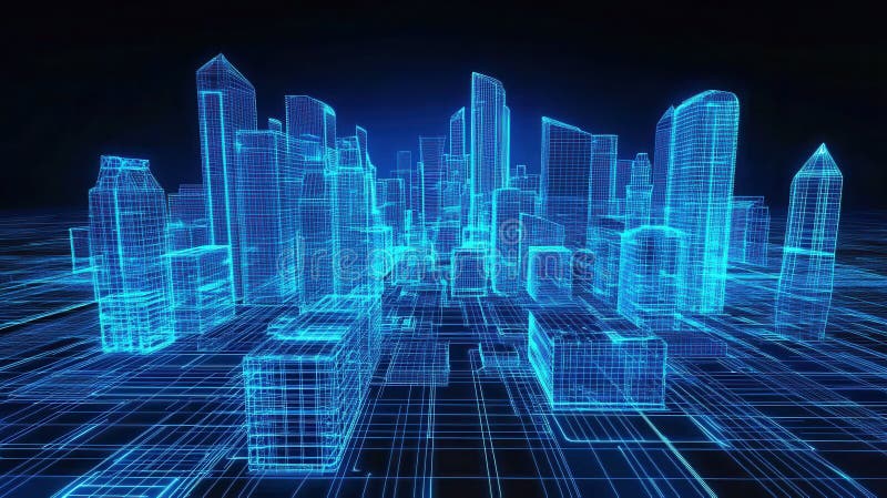 Un peisaj oraș futurist, reprodus într-un stil de structură de fire albastră, care sugerează tehnologie și inovație stock illustration