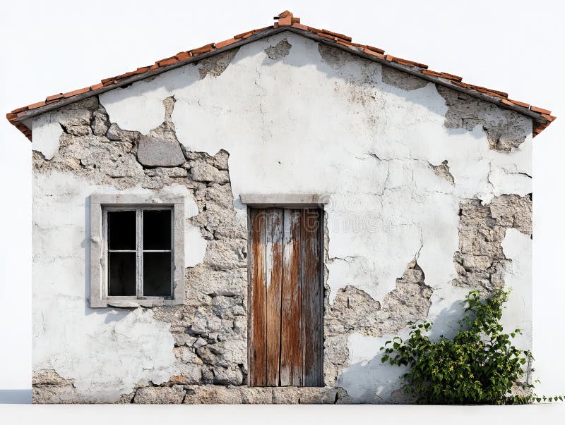 Un pequeño edificio blanco con una puerta y una ventana de madera fotografía de archivo