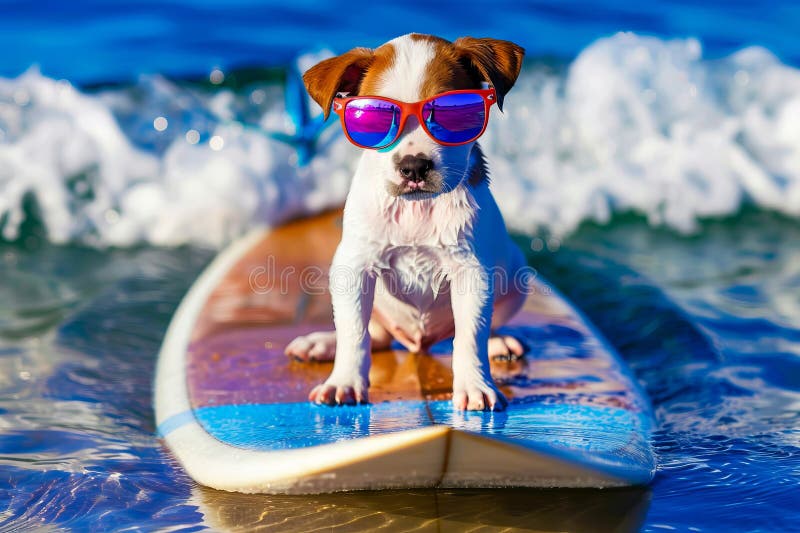 Un pequeño perro con gafas de sol en una tabla de surf imágenes de archivo libres de regalías