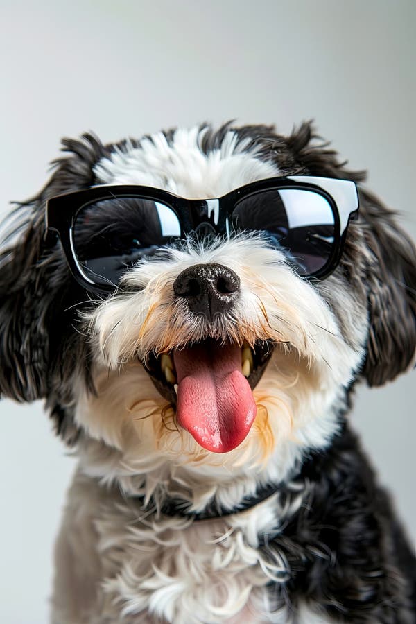 Un pequeño perro con gafas de sol con la lengua fuera fotos de archivo
