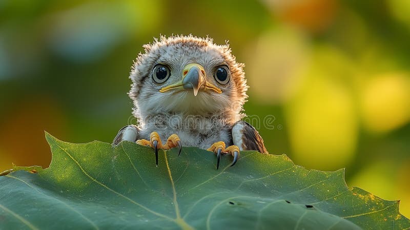 Un pequeño águila de bebé encaramado en una hoja verde ilustración del vector