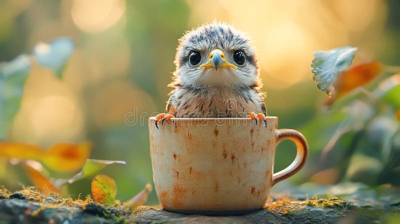 Un pequeño águila de bebé encaramado en una taza stock de ilustración