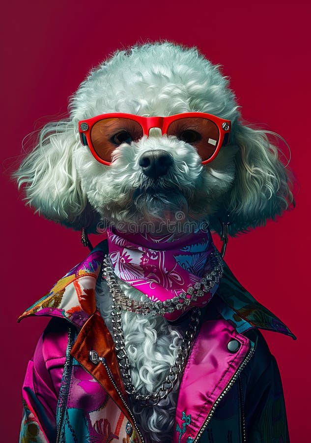 Un perro blanco con gafas de sol y una chaqueta imagen de archivo