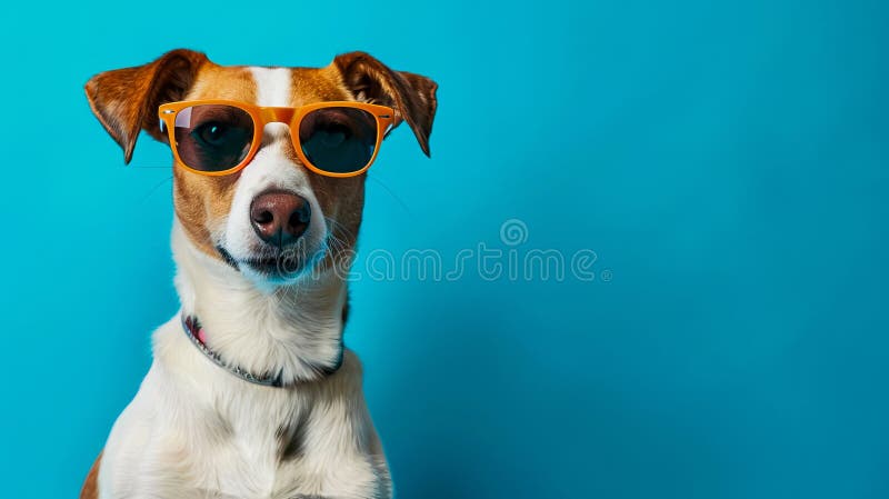 Un perro con gafas de sol en un fondo azul fotos de archivo libres de regalías