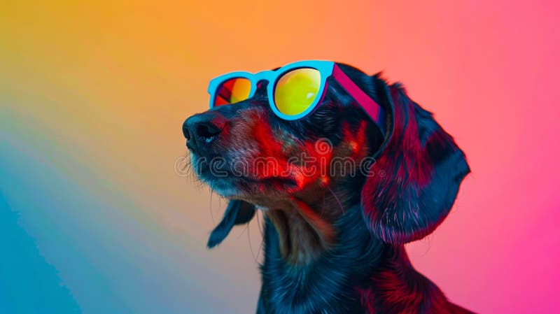Un perro con gafas de sol en un fondo colorido imagen de archivo libre de regalías