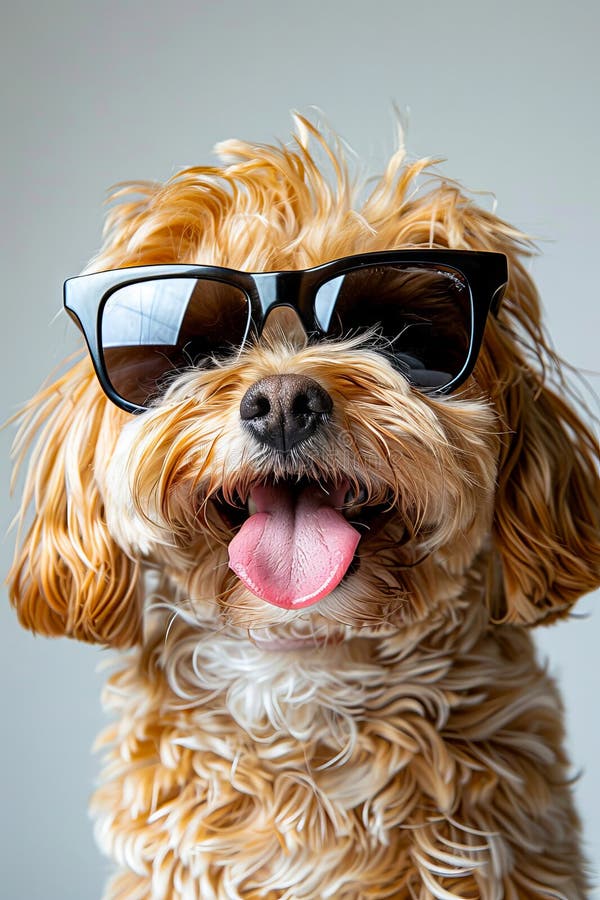 Un perro con gafas de sol con la lengua fuera y la lengua fuera foto de archivo libre de regalías