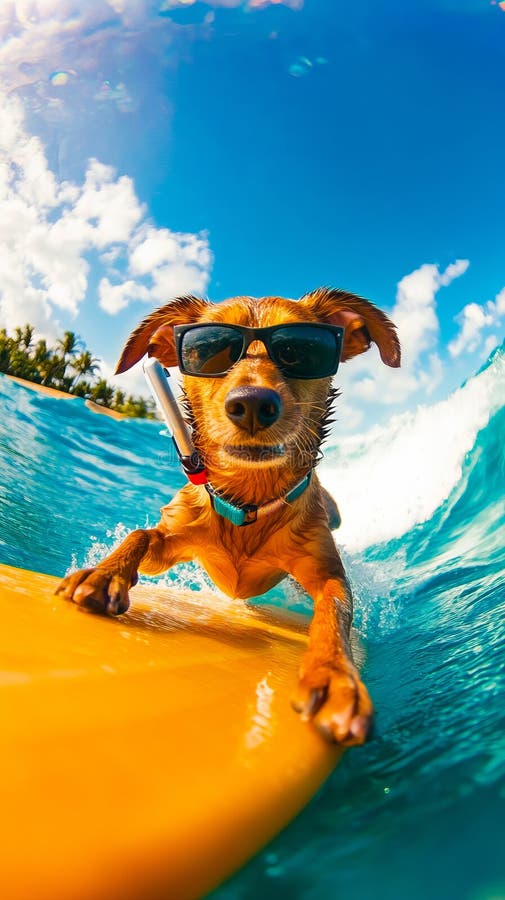 Un perro con gafas de sol montando una tabla de surf en el océano imágenes de archivo libres de regalías