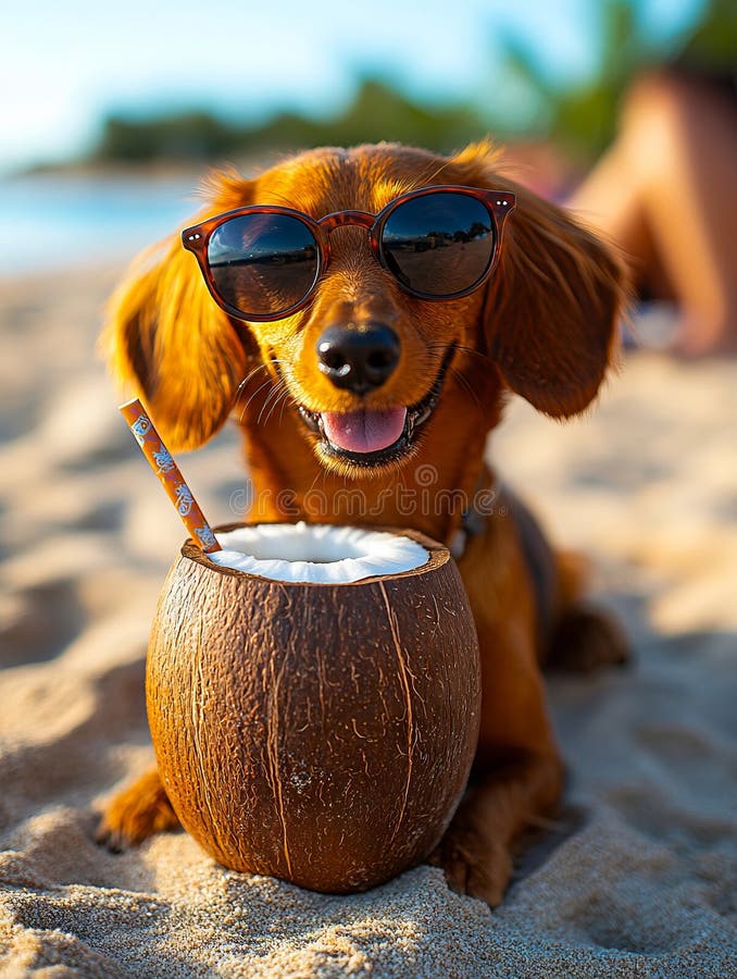 Un perro con gafas de sol sentado en la playa al lado de un coco imagenes de archivo