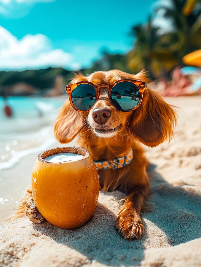 Un perro con gafas de sol sentado en la playa al lado de una bebida de coco imágenes de archivo libres de regalías