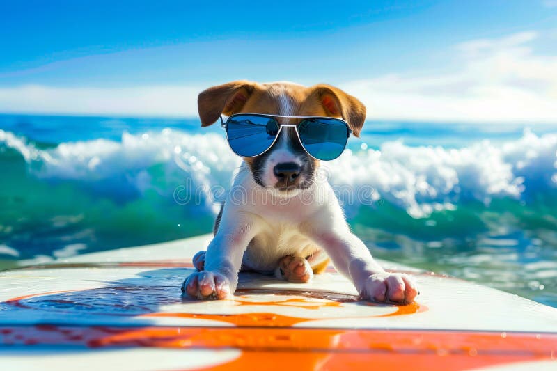 Un perro con gafas de sol sentado en una tabla de surf fotografía de archivo libre de regalías