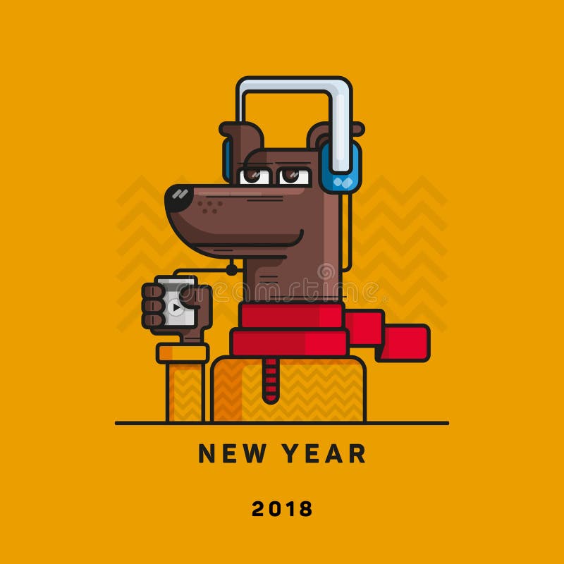 Un perro con un jugador en los pies y los auriculares, el ` 2018, el año del Año Nuevo del ` de las palabras del perro stock de ilustración Un perro con un jugador en los pies y los auriculares, el ` 2018, el año del Año Nuevo del ` de las palabras del perro stock de ilustración