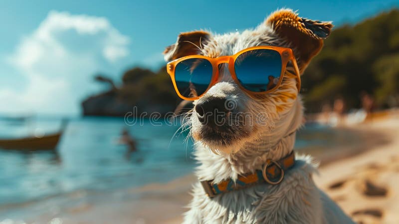 Un perro llevando gafas de sol en la playa imágenes de archivo libres de regalías
