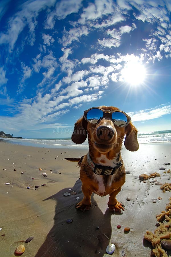 Un perro llevando gafas de sol en la playa imagen de archivo