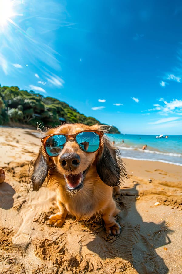 Un perro llevando gafas de sol en la playa fotografía de archivo libre de regalías