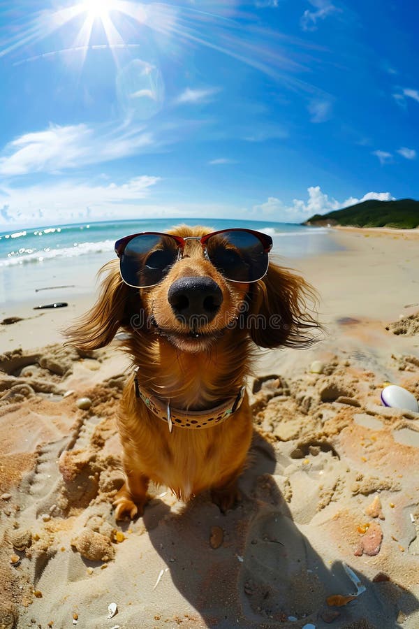 Un perro llevando gafas de sol en la playa fotografía de archivo