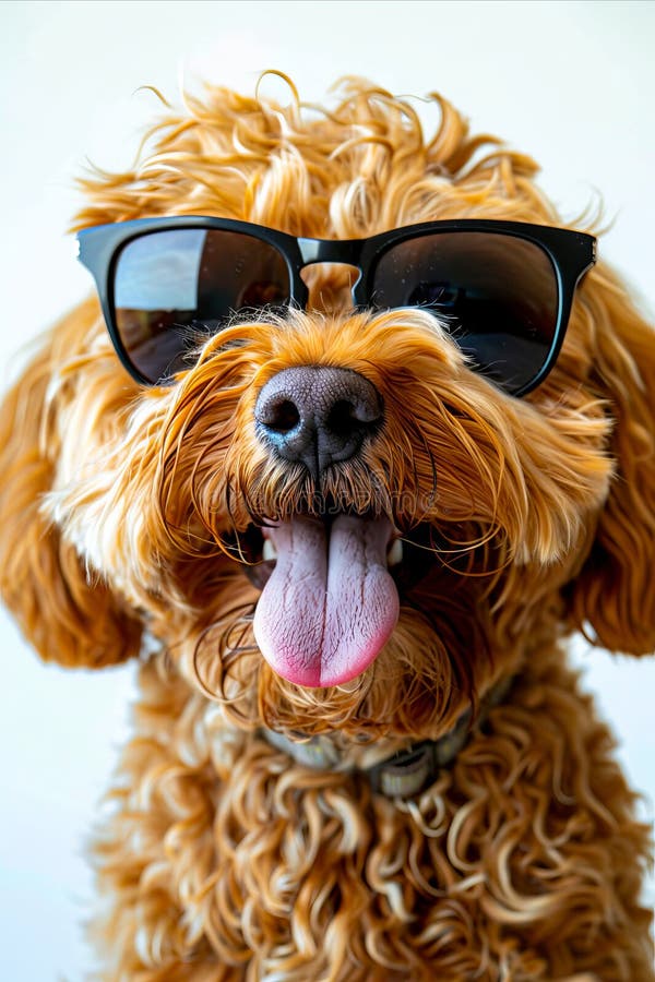 Un perro marrón con gafas de sol con la lengua fuera fotos de archivo libres de regalías