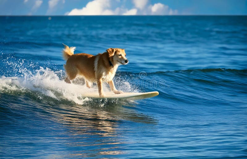 Un perro surfeando una ola en una tabla de surf. IA generativa. Un perro surcando una ola en el océano en una tabla de surf con espacio para el texto.