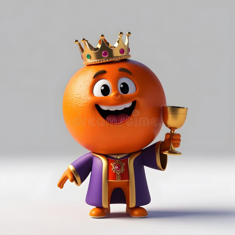 Un personaj vesel, portocaliu, cu o coroană și un Goblet 3d, care a făcut ilustrație în stil caricatural vector illustration