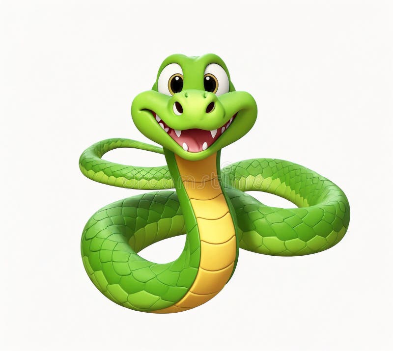 Un personaje de caricatura 3d snake python sobre el fondo blanco que se ve adorable y alegre. Mona sonrisa feliz piton snake en 3d caricatura estilo personaje con fondo blanco