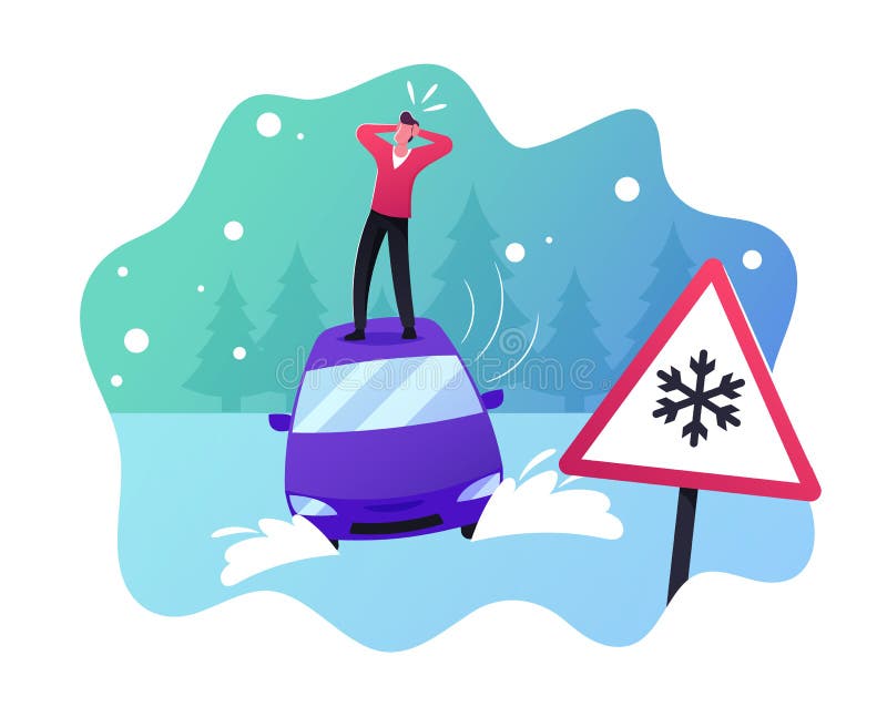 Desperate Male Character Stand on Roof of his Car Stuck in Deep Snowdrift on Snowy Landscape Background. Man Need Changing Summer Tires. Safety on Road, Winter Accident. Cartoon Vector Illustration. Desperate Male Character Stand on Roof of his Car Stuck in Deep Snowdrift on Snowy Landscape Background. Man Need Changing Summer Tires. Safety on Road, Winter Accident. Cartoon Vector Illustration