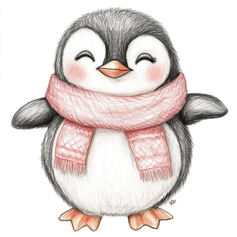 Un personaje pingüino adorable con una bufanda cálida en una fantástica escena de invierno con elementos juguetones y gentil fotografía de archivo libre de regalías