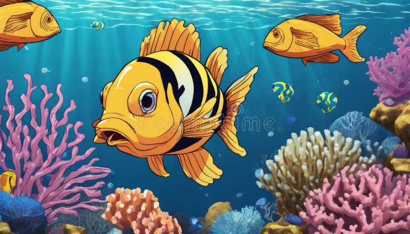 Un pesce colorato con una striscia gialla e nera nuota nell'oceano illustrazione di stock