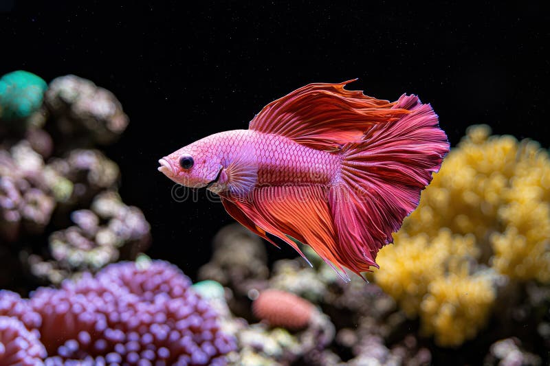 Un pesce di una betta rosa vibrante nuota in un acquario colorato. royalty illustrazione gratis