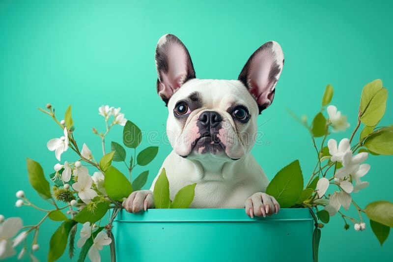 Un petit chien blanc qui regarde dans une boîte bleue avec des fleurs illustration de vecteur