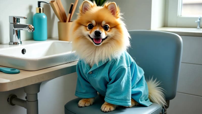 Un petit chien en chemise bleue s'installe confortablement sur une chaise dans une salle bien éclairée près d'un lavabo illustration de vecteur